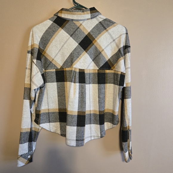 Thread & Supply Cropped Plaid Button-Up Shirt Jacket in Black, Gray, and Gold - Picture 2 of 6